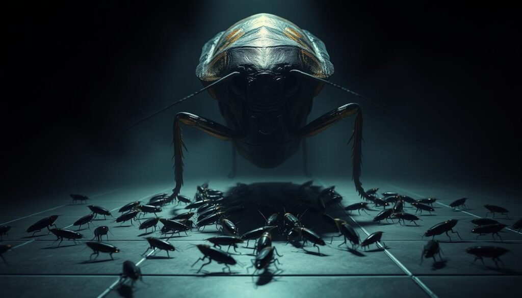 A dark, surreal dreamscape where a giant cockroach looms, its segmented body casting long shadows. The insect's compound eyes peer with an unsettling intelligence, reflecting the viewer's own psyche. In the middle ground, a swarm of smaller cockroaches scuttle across a tiled floor, their erratic movements hinting at the subconscious forces at play. The background is shrouded in a deep, atmospheric haze, creating a sense of unease and the unknown. Dramatic chiaroscuro lighting illuminates the scene, casting dramatic shadows and imbuing the image with a sense of mystery and psychological weight. The overall mood is one of unease and the exploration of the symbolic meaning behind these ubiquitous pests that invade our dreams.