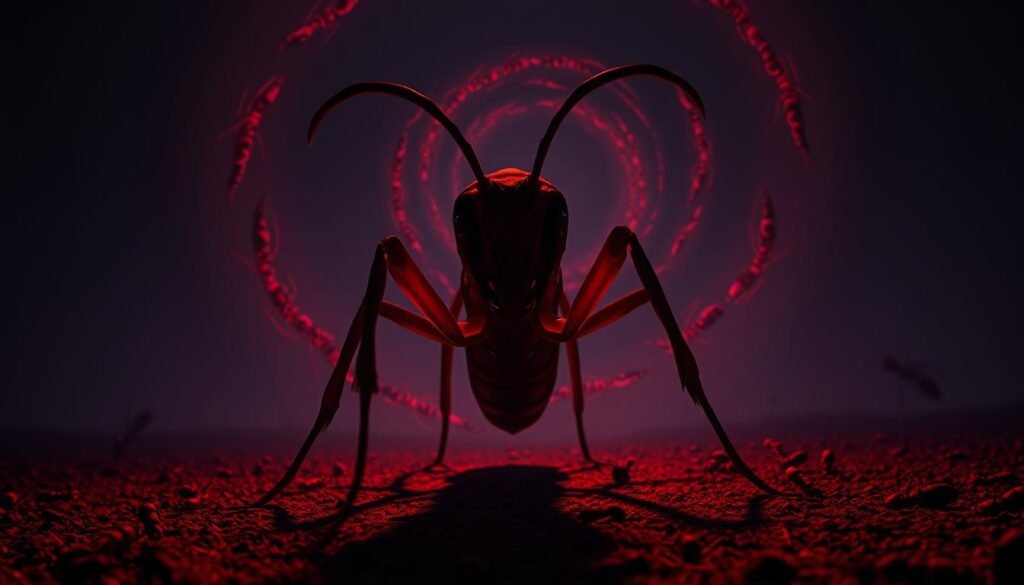 A dark, surreal dreamscape with a towering, crimson ant at the center, its mandibles opened in a threatening display. The ant's body is illuminated by an ominous, reddish glow, casting long shadows across the ground. In the background, a swirling vortex of smaller red ants converge, creating a sense of impending chaos and aggression. The scene is shot from a low angle, emphasizing the ant's imposing presence and heightening the sense of unease. The overall atmosphere is one of tension and foreboding, capturing the essence of a "red ant dream" as a harbinger of warning and conflict.