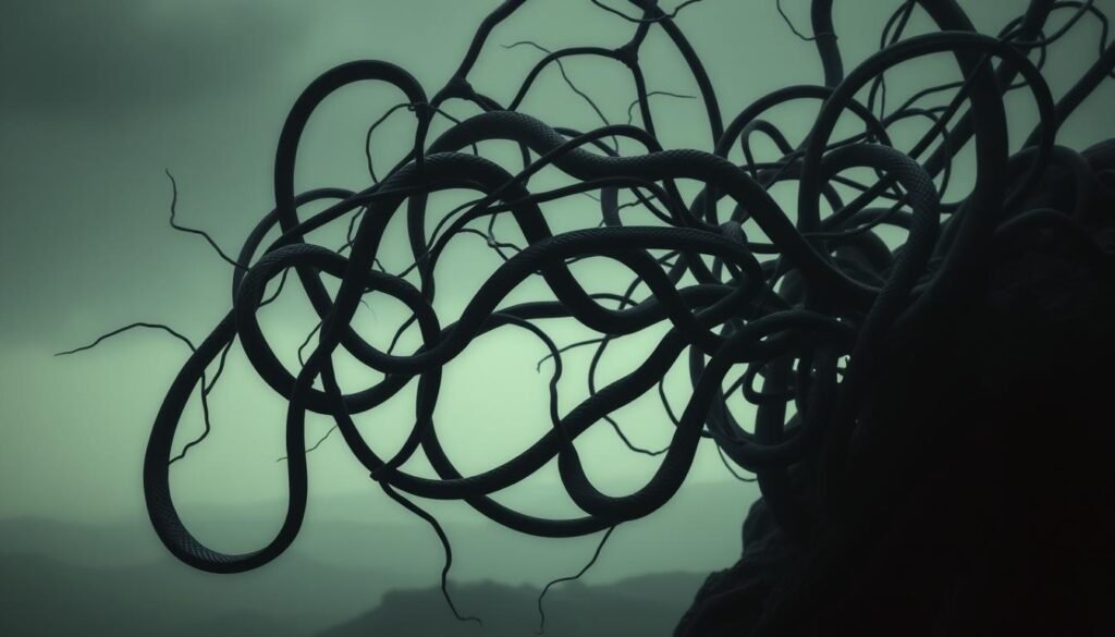 A dark, tangled web of snakes intertwines, representing the intricate connections and dynamics within personal relationships. The snakes are rendered in shades of black, symbolizing the complex and sometimes ominous nature of these bonds. The snakes' bodies form a dreamlike, ethereal composition, hinting at the subconscious realm where these relationships play out. The background is a muted, moody landscape, creating a sense of depth and atmosphere. Soft, diffused lighting casts a contemplative, almost melancholic, mood over the scene, inviting the viewer to ponder the deeper meanings and transformations within relationships.