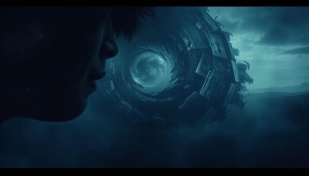 A dark, unsettling dreamscape depicting an unwanted, symbolic kiss. In the foreground, a face emerges from the shadows, lips pursed in an unwelcome advance. Shades of indigo and charcoal create an ominous atmosphere, while flickering, ethereal lights cast an eerie glow. The middle ground features a swirling vortex of subconscious imagery - disjointed fragments of memory, fear, and dread. In the distant background, a fading, monochromatic landscape suggests the uneasy boundary between waking and sleeping. Cinematic angles, dramatic lighting, and a sense of unease convey the negative symbolism of an unwanted kiss in the subconscious realm.