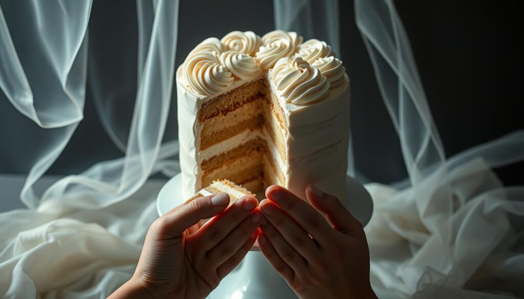 A delicate dream cake, its layers infused with symbolic meaning, stands as the centerpiece of a serene, ethereal setting. Soft, diffused lighting illuminates the intricate swirls of frosting, each one representing the intricate ties that bind relationships. Two hands, tenderly holding a slice, convey the act of sharing and connection. The cake's surface reflects the dreamlike atmosphere, hinting at the subconscious nature of this symbolic exchange. Wispy, translucent veils of fabric drift in the background, creating a sense of intimacy and vulnerability. The overall composition evokes a profound, metaphysical exploration of the emotional dynamics that unfold when individuals come together to partake in this shared experience.