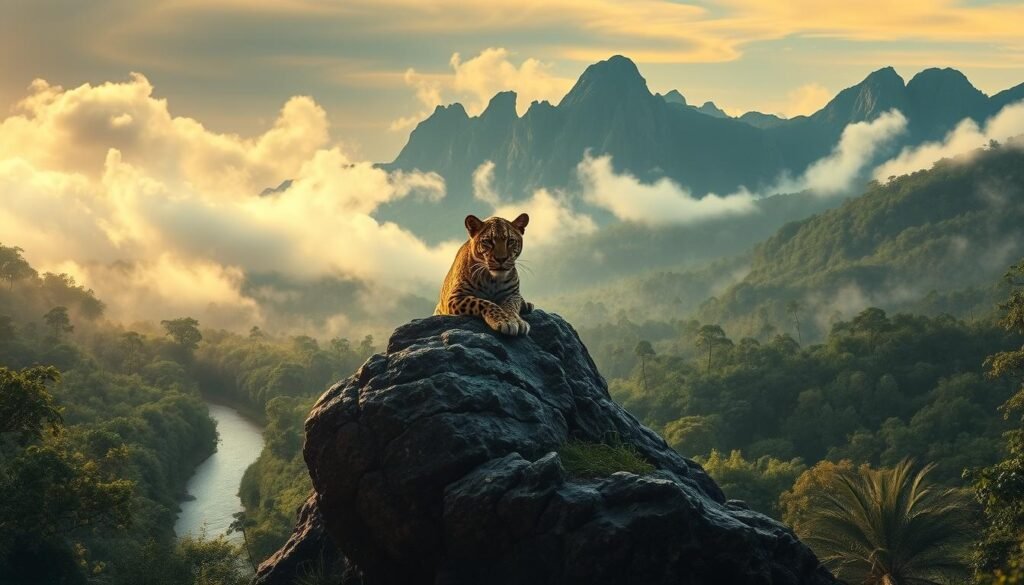 A detailed landscape depicting a leopard's territorial dream symbolism. In the foreground, a majestic leopard lounges atop a rocky outcrop, its piercing gaze surveying the lush, verdant environment. The middle ground features a tranquil forest stream winding through the undergrowth, while the background showcases towering mountains shrouded in wispy clouds. The scene is bathed in a warm, golden light, creating a sense of calm and introspection. The composition evokes a sense of the leopard's innate connection to its domain, its instinctual need to mark and defend its territory. Subtle, dream-like elements, such as the blurred edges and ethereal atmosphere, suggest the subconscious nature of this symbolic representation.