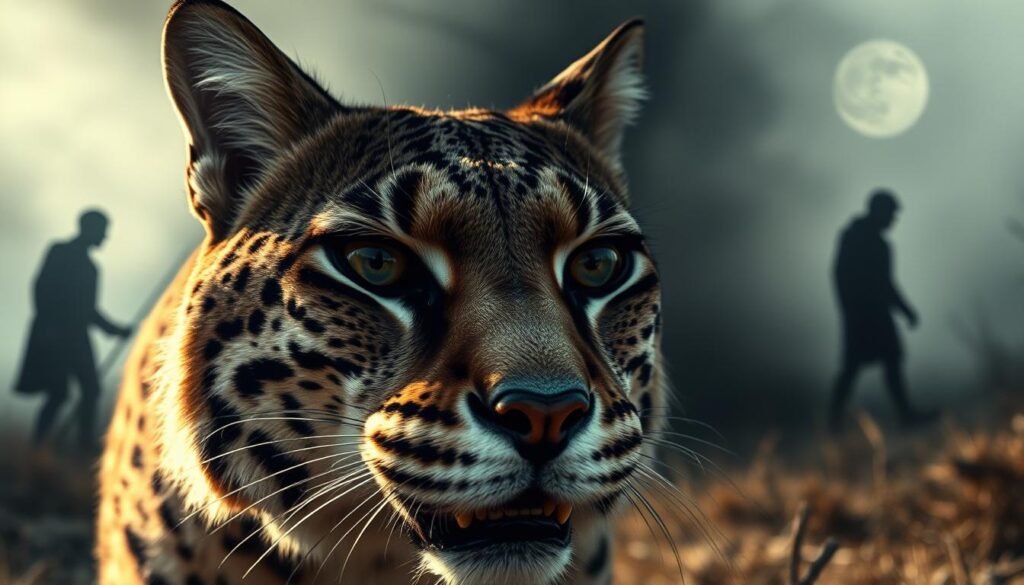 A detailed psychological analysis of a bobcat's dream, captured with striking realism. In the foreground, a close-up of the bobcat's focused gaze, revealing an intensity and fierceness that hints at its wild, untamed nature. The middle ground depicts the bobcat's subconscious, a surreal landscape of shifting shapes and hues, representing the complex interplay of instinct, intuition, and the hidden aspects of its psyche. In the background, a shadowy figure, symbolic of the bobcat's suppressed fears or unresolved conflicts, lurks ominously, creating a sense of unease and the potential for hidden danger. Soft, moody lighting casts dramatic shadows, adding depth and an atmospheric, almost mystical quality to the scene. Captured through a telephoto lens, the composition draws the viewer into the intimate, introspective world of the bobcat's dream.