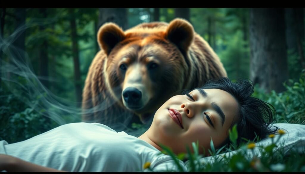 A detailed psychological interpretation of bear dream symbolism. In the foreground, a dreaming person lies in a serene forest setting, their face peaceful and introspective. Surrounding them, a towering brown bear emerges from the undergrowth, its eyes piercing and intelligent. The bear's presence exudes a sense of power, instinct, and primal energy. In the middle ground, wispy dream imagery swirls, hinting at the subconscious associations between the dreamer and the bear. The background is a lush, verdant forest, with dappled light filtering through the canopy, creating an atmosphere of tranquility and introspection. Soft, diffused lighting illuminates the scene, emphasizing the mystical and introspective nature of the dream experience.