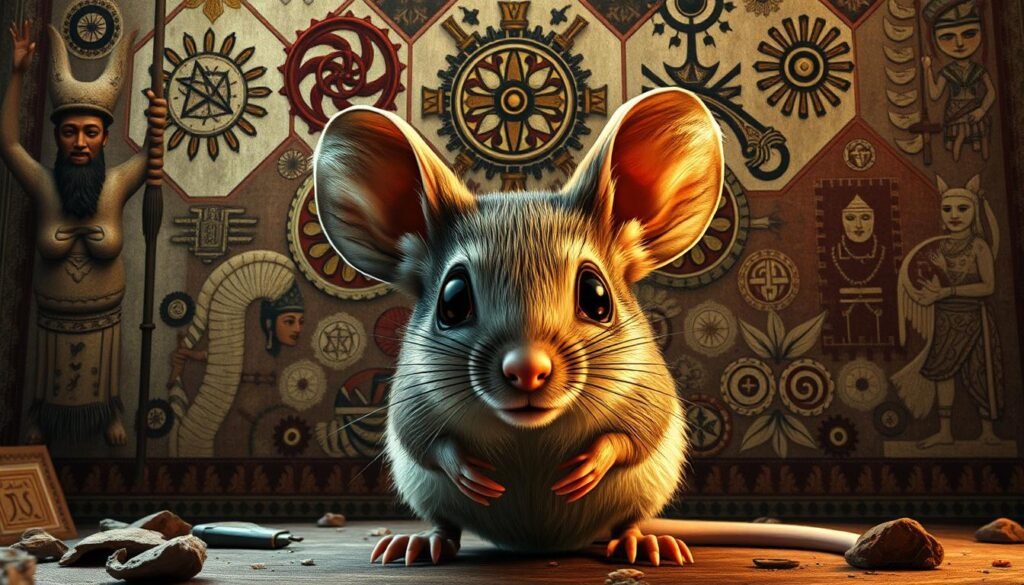A detailed, richly textured illustration of Mouse Symbolism across diverse cultural contexts. In the foreground, a realistic mouse figure, its large expressive eyes and inquisitive pose conveying a sense of wisdom and insight. In the middle ground, abstract symbols and motifs representing the mouse's multifaceted symbolic meanings - from prosperity and resourcefulness to trickery and cunning. The background features a collage of cultural iconography, from indigenous totems to ancient religious imagery, all subtly integrated to evoke the mouse's deep-rooted significance in human belief systems. The lighting is soft and ambient, creating an atmosphere of contemplation and introspection. Rendered with a photorealistic style and a masterful attention to detail, capturing the nuanced symbolism of the mouse in a visually compelling manner.