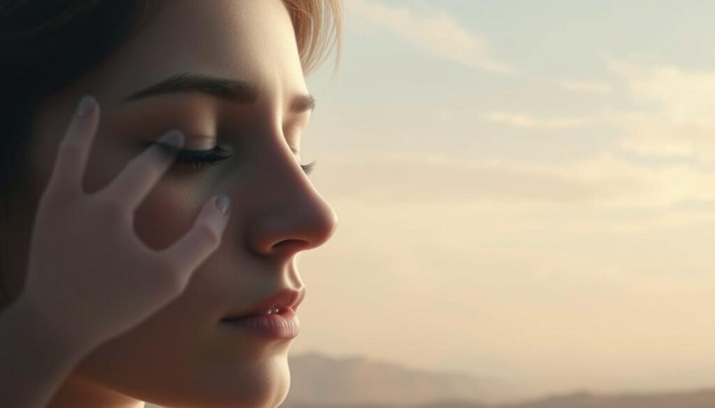 A detailed scene depicting the meaning of different kiss placements in dreams. In the foreground, the dreamscape features a young woman's face, with a soft beam of light highlighting her closed eyes and peaceful expression. Subtly, a ghostly, ethereal hand hovers near her forehead, neck, and cheek, representing the varying interpretations of a kiss in the subconscious. The middle ground showcases a hazy, dreamlike landscape with pastel hues and a sense of tranquility. In the background, wispy clouds drift across a serene sky, adding to the tranquil atmosphere. The overall composition conveys the introspective, symbolic nature of dream interpretation through the placement of the spectral kiss.