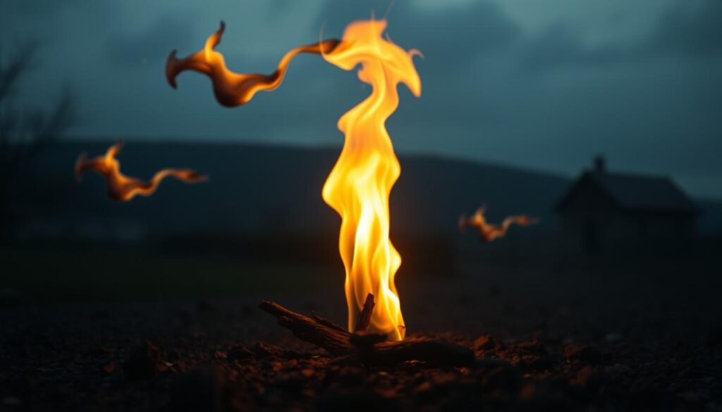 A detailed, visually striking scene depicting the symbolism and characteristics of dream fire. In the foreground, a mesmerizing flame dances, its warm glow casting soft shadows. In the middle ground, abstract fire-like shapes swirl and intertwine, suggesting the transformative and unpredictable nature of dream fire. The background features a moody, atmospheric landscape with a hint of a family home, hinting at the personal significance of the dream fire. Soft lighting illuminates the scene, creating a sense of depth and mystery. The composition is balanced, drawing the viewer's eye to the central flame and its symbolic meaning.
