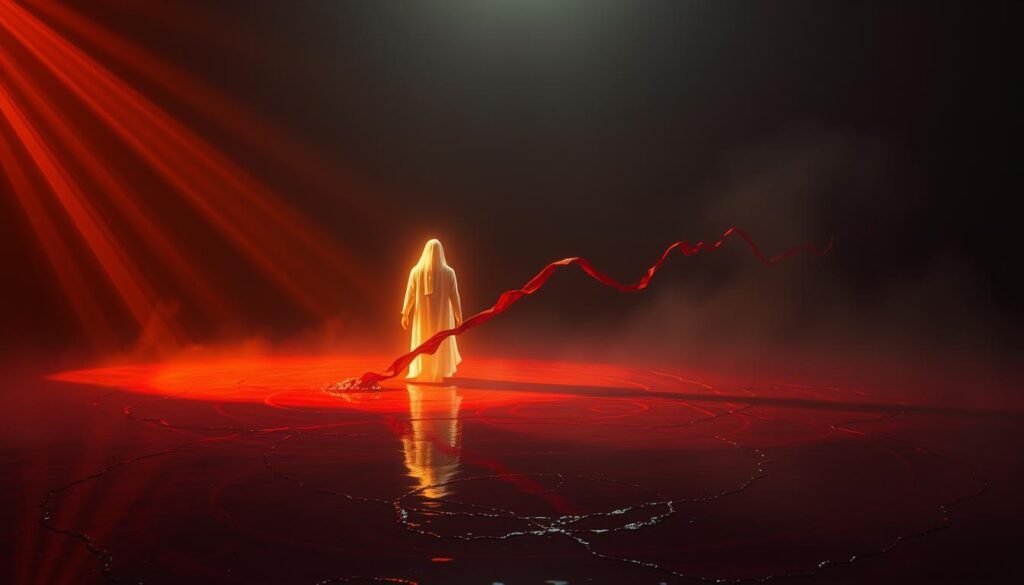 A dim, ethereal scene of divine spiritual messages conveyed through a dream of blood. In the foreground, a radiant, ghostly figure emerges from a pool of crimson, trailing ribbons of scarlet vapor. Shafts of warm, amber light pierce the shadowy background, casting an otherworldly glow. The atmosphere is one of quiet contemplation, the air thick with a sense of mystical revelation. Soft, hazy textures create a dreamlike quality, while intricate, swirling patterns in the blood suggest hidden codes and symbols. The overall impression is one of a sacred, transcendent experience, a nexus where the physical and spiritual realms converge.