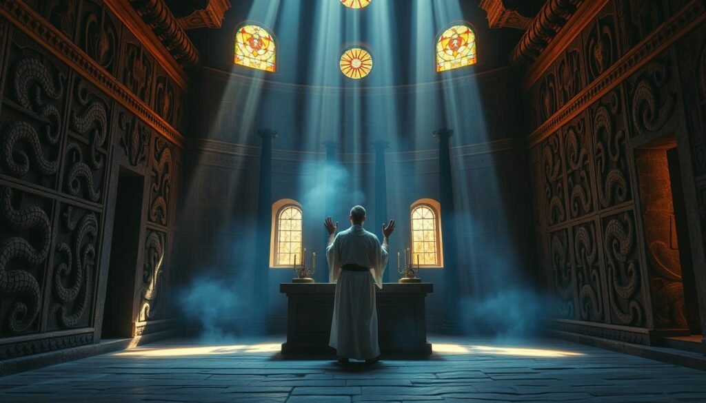 A dimly lit ancient Hebrew temple, the walls adorned with intricate carvings of serpents entwined around symbolic artifacts. In the center, a priest stands before a stone altar, hands raised in a gesture of reverence, surrounded by a hazy blue aura. Beams of warm light filter through stained glass windows, casting a serene, mystical atmosphere. The scene evokes a sense of deep contemplation and the interplay between the material and spiritual realms, as the priest interprets the divine symbolism of the serpent in the context of ancient dream interpretation.