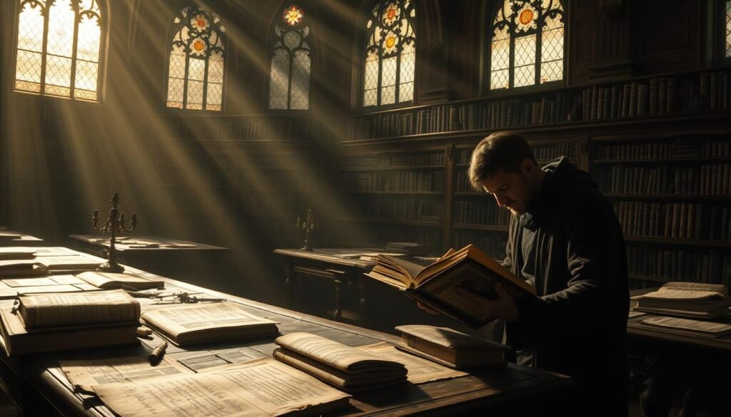 A dimly lit ancient library, the air thick with the scent of parchment and dust. Tattered tomes and scrolls lie scattered across ornate wooden tables, their cryptic symbols and faded scripts hinting at forgotten knowledge. Shafts of warm, golden light filter through stained glass windows, casting an otherworldly glow over the scene. In the shadows, a lone figure pores over a weathered codex, their face etched with the intensity of unraveling the secrets of the past. The atmosphere is one of mystery, intrigue, and the tantalizing possibility of unlocking the hidden truths of the subconscious.