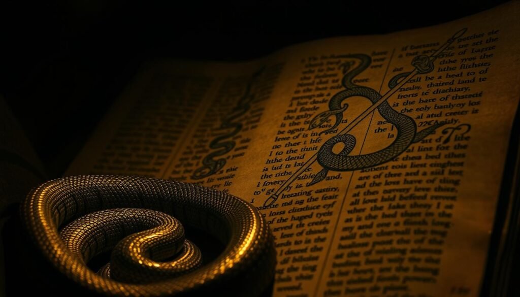 A dimly lit, ancient manuscript page depicting intricate biblical snake symbolism. In the foreground, a coiled serpent, its scales gleaming with a hypnotic pattern, symbolizing wisdom and renewal. In the middle ground, ornate illustrations of snakes entwining a staff, representing healing and divine power. The background features delicate calligraphic scripture, hinting at the deeper spiritual significance of these reptilian motifs within the context of ancient religious texts. The scene is bathed in a warm, golden glow, evoking a sense of timeless wisdom and reverence.