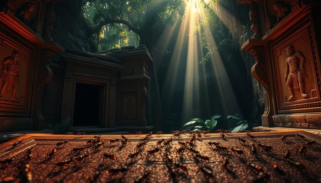 A dimly lit, ancient stone temple nestled in a lush, verdant jungle. Intricate carvings of ants adorn the walls, their symbolic meanings etched in the weathered stone. Rays of golden light filter through the canopy, casting a warm, mystical glow. In the foreground, a swarm of ants crawl over a carved stone tablet, their movements seemingly imbued with a deeper, spiritual significance. The atmosphere is one of reverence and exploration, inviting the viewer to delve into the hidden meanings and cultural relevance of these industrious, yet enigmatic creatures.