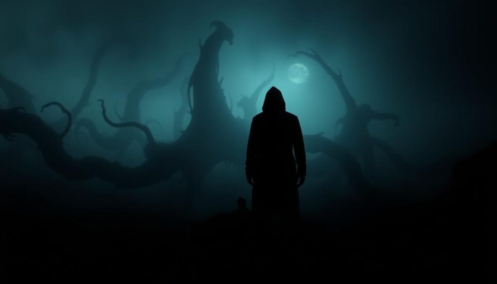 A dimly lit, atmospheric dream-like scene depicting the psychology behind murder dreams. In the foreground, a shadowy figure standing over a lifeless body, their face obscured. Surrounding them, a hazy, surreal landscape with twisted, distorted shapes, conveying a sense of unease and the subconscious. Muted colors, dramatic chiaroscuro lighting, and a sense of depth and mystery create an unsettling, introspective mood. The composition suggests the inner turmoil and hidden motivations underlying such disturbing dream imagery.