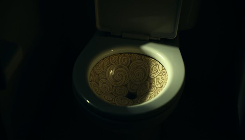 A dimly lit bathroom scene, the focal point being a toilet filled with swirling, intricate patterns representing the symbolic significance of feces in dream analysis. The toilet is positioned in the center, cast in a warm, earthy glow that creates a contemplative atmosphere. Subtle shadows and highlights accentuate the textures and details of the ceramic bowl, hinting at the deeper psychological meanings often associated with dreams of bodily functions. The background is blurred, allowing the viewer to focus on the symbolic nature of the subject matter, conveying the idea of uncovering subconscious thoughts and emotions through the analysis of dream imagery.