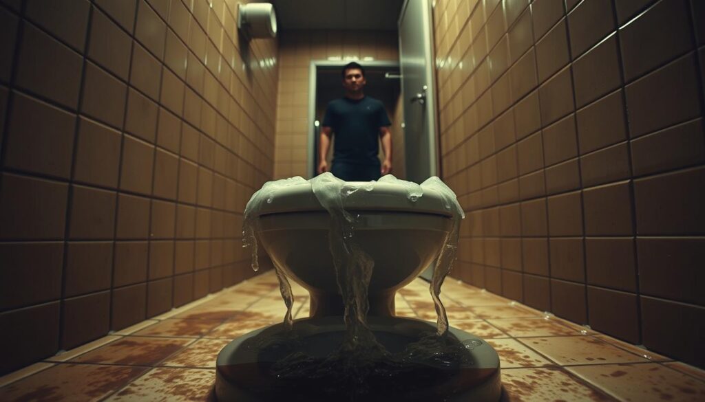 A dimly lit bathroom, the focus on an overflowing toilet. Water cascades over the brim, spilling onto the grimy tiles. The air is thick with a sense of unease, the walls closing in. In the distance, a figure stands, their expression a mix of concern and frustration. The scene conveys a sense of blocked energy, a buildup of emotions waiting to be released. Warm, muted tones create an atmosphere of tension and unresolved issues. A wide-angle lens captures the claustrophobic nature of the space, emphasizing the overwhelming nature of the situation.