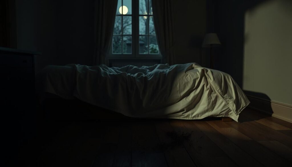 A dimly lit bedroom at night, the walls closing in with an unsettling presence. In the foreground, a cluster of ants crawl across the wooden floorboards, invading the private sanctuary. Shadows dance across the bed, sheets ruffled as if something has disturbed the occupant's rest. The window frames a view of a moonlit garden, hinting at the intruder's origin. A sense of unease permeates the scene, the ants signifying an unwelcome intrusion into the dreamer's personal space. Soft, warm lighting illuminates the center of the room, drawing the eye to the disturbance. The composition conveys a feeling of vulnerability and a loss of control within the domestic realm.