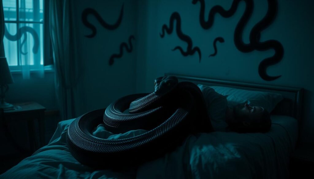 A dimly lit bedroom, cast in an eerie glow. On the bed, a sleeping figure is enveloped by a large, coiling black snake. The snake's eyes gleam with an otherworldly intelligence, as if it possesses a deeper understanding. In the background, shadowy silhouettes of additional snakes slither across the walls, hinting at the complexity of the dream's symbolism. The scene evokes a sense of unease and anticipation, inviting the viewer to ponder the potential meanings behind this unsettling, yet captivating, black snake dream scenario.