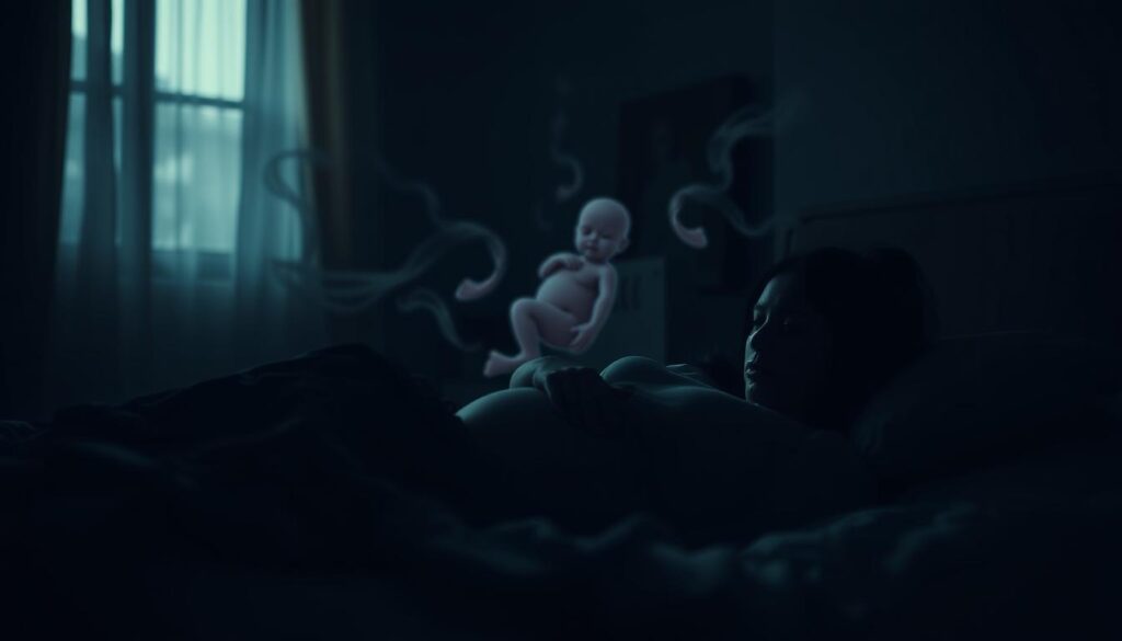 A dimly lit bedroom, casting a somber, anxious atmosphere. In the foreground, a pregnant figure lies tossing and turning, their expression contorted with worry. Swirling, ethereal shadows surround them, representing the haunting, unsettling nature of their pregnancy anxiety dreams. The middle ground features a vague, hazy, almost distorted representation of an unborn child, evoking the sense of uncertainty and fear the dreamer experiences. The background is blurred, further emphasizing the focus on the internal emotional turmoil. Muted colors, soft lighting, and a sense of unease pervade the scene, capturing the essence of "Anxiety and Fear Manifestations in Unborn Child Dreams".