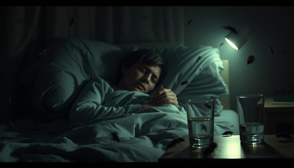 A dimly lit bedroom filled with the unsettling presence of crawling cockroaches. In the foreground, a person tossing and turning in a fitful sleep, their face etched with discomfort and distress. Shadows cast by the insects seem to close in, creating an atmosphere of unease and vulnerability. The middle ground features a nightstand with a half-empty glass of water, a reminder of the individual's attempts to calm their restless mind. The background is hazy, blurring the boundaries between reality and the subconscious, emphasizing the personal, subjective nature of this dreamscape. The lighting is soft and moody, casting an ethereal, almost nightmarish quality to the scene. The overall mood is one of unease, anxiety, and the deeply personal nature of the dreaming experience.
