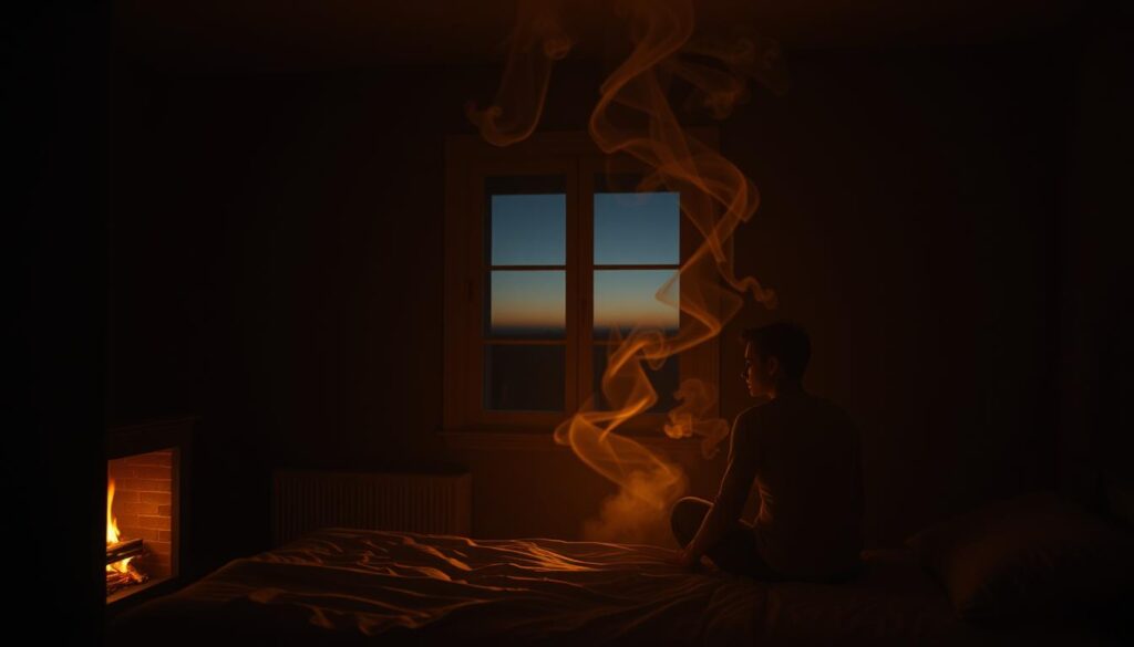 A dimly lit bedroom, illuminated by the flickering flames of a fireplace. In the foreground, a person sits on the edge of their bed, deep in thought, their face cast in warm, golden light. Swirling tendrils of smoke drift across the scene, evoking a sense of unease and introspection. The middle ground features a window, through which a distant horizon is visible, hinting at the larger world beyond the confines of the room. The background is shrouded in shadows, creating a sense of mystery and the unknown. The overall mood is one of contemplation, as the viewer is invited to ponder the interplay between the dreamlike quality of the fire and the lived experiences that shape the individual's inner life.
