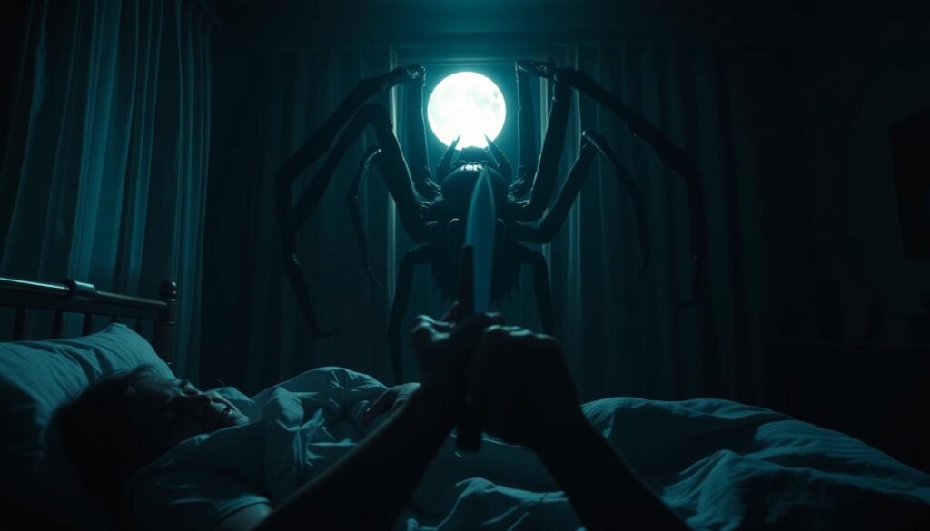 A dimly lit bedroom, moonlight filtering through the curtains. In the foreground, a person tossing and turning, trapped in a nightmare. Looming in the middle ground, a massive, menacing spider, its multiple eyes glinting with malice. The sleeper's hands desperately grasp a sharp object, poised to strike the arachnid intruder. Shadows lengthen, creating a sense of unease and impending danger. The atmosphere is tense, charged with the dreamer's fear and determination to vanquish the nightmare creature. Dramatic lighting and camera angles heighten the drama and intensity of the "Spider Killing Dream Scenario."