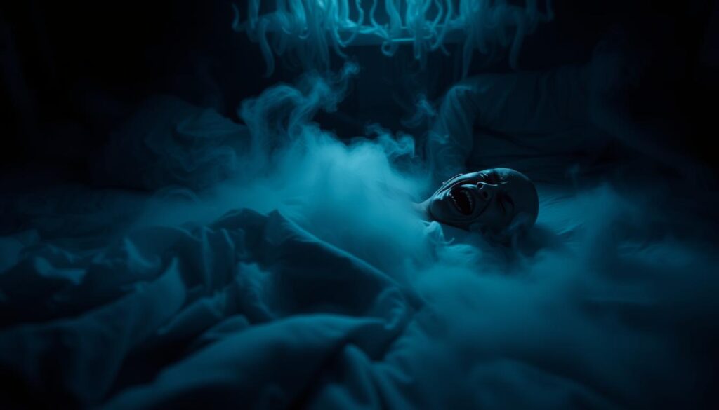 A dimly lit bedroom scene, with a figure lying motionless on the bed, surrounded by an eerie, supernatural mist. The person's face is contorted in a pained expression, their eyes wide open and mouth slightly agape, as if struggling to breathe. Shadowy figures loom in the corners, hinting at unseen forces at work. The lighting is low and moody, casting dramatic shadows that add to the sense of unease and dread. The overall atmosphere is one of intense physical and psychological distress, capturing the essence of the "Sleep Paralysis Physical Symptoms" experience.