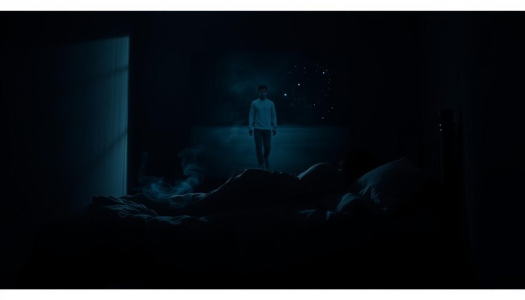 A dimly lit bedroom, shadows cast across the walls. In the foreground, a figure tossing and turning in a restless sleep, haunted by the ghosts of past relationships. Faint wisps of smoke curl around the bedframe, symbolizing the lingering trauma. The middle ground depicts a hazy, dreamlike sequence - a former partner walking away, leaving the figure alone and vulnerable. In the background, a starry night sky, representing the longing for a loving, stable relationship. The lighting is moody, with pools of light and dark, enhancing the sense of emotional turmoil. The camera angle is slightly tilted, adding an unsettling, off-balance feeling to the scene.