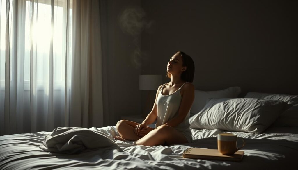 A dimly lit bedroom, soft moonlight filtering through the curtains. On the bed, a person sits upright, eyes closed, hands gently resting on their lap. Wisps of ethereal energy swirl around them, dissipating nightmares and ushering in a sense of calm. The room is permeated with the faint scent of lavender, a natural sleep aid. In the background, a small table holds a cup of chamomile tea and a journal, symbols of the individual's commitment to self-care and mindfulness practices to manage disturbing dreams.