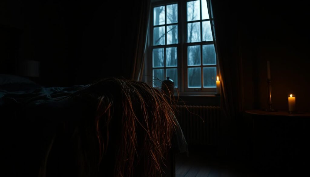 A dimly lit bedroom, the air thick with foreboding. On the bedside table, a tangle of long hair spills over the edge, ominous and entangled. The window casts an eerie glow, hinting at unseen forces. A sense of unease permeates the scene, as if the very walls whisper of prophetic warnings. Shadows cast by the flickering candlelight dance with ominous intent, while the floorboards creak with the weight of unseen steps. This is a tableau of impending doom, a harbinger of the secrets hidden within the tresses of the dreamscape.
