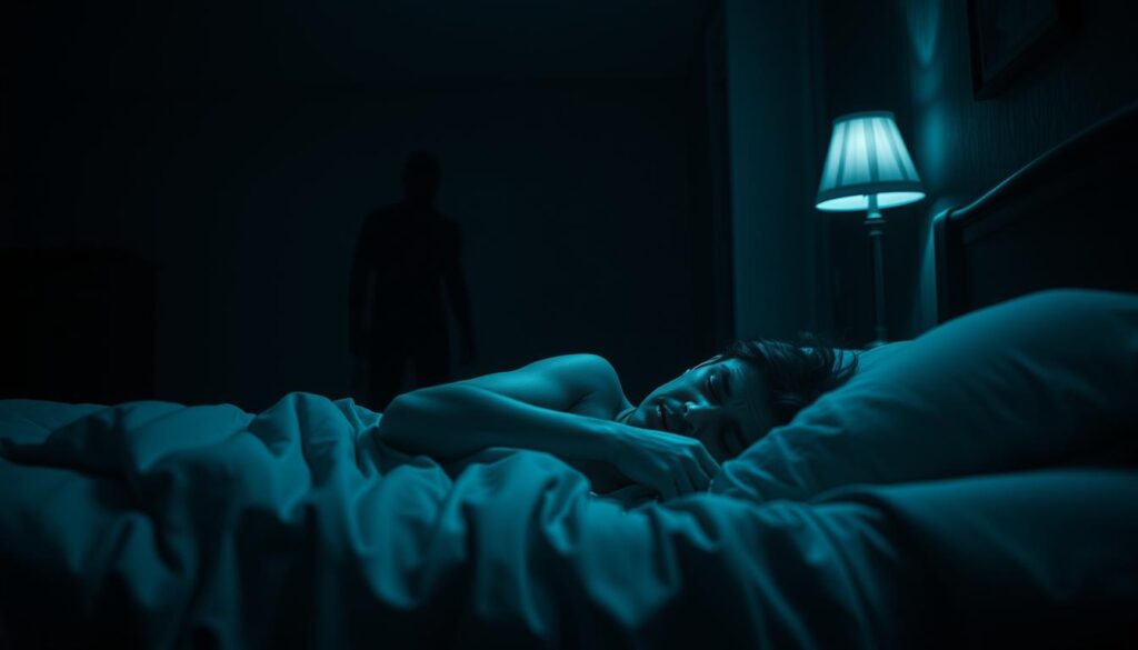 A dimly lit bedroom, the atmosphere heavy with unease. In the foreground, a person lies asleep, tossing and turning, their face contorted with anxiety. Shadowy figures loom in the background, their forms indistinct, hinting at a lurking betrayal. The scene is bathed in a cool, bluish hue, lending a dreamlike quality and a sense of psychological tension. The lighting is dramatic, casting deep shadows and highlighting the subject's troubled expression. The camera angle is slightly elevated, creating a sense of detachment and observation, as if peering into the subject's subconscious. The overall mood is one of disquiet and distrust, reflecting the underlying theme of the article's section.