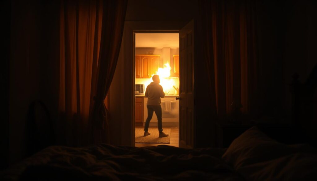 A dimly lit bedroom, the curtains billowing as flames lick the walls. In the foreground, a bedside table with a clock frozen at 3:15 AM, symbolizing the urgency of the moment. The bedroom door stands ajar, leading to a hallway where a kitchen fire rages, casting an ominous orange glow. Shadowy figures move about, representing the emotional turmoil of the family. The scene is tinged with a sense of dread, yet also a glimmer of hope - a chance for transformation amidst the destruction. Hazy smoke swirls, the atmosphere heavy with the weight of the dream's meaning.