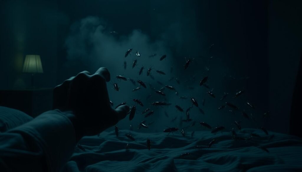 A dimly lit bedroom, the darkness punctuated by the faint glow of a nightlight. In the foreground, a desperate struggle - a person's hands grasping and crushing a swarm of scurrying cockroaches, their movements cast in dramatic chiaroscuro. The middle ground is a hazy, dream-like realm, with the cockroaches seemingly multiplying and swarming, a metaphor for the dreamer's inner turmoil. The background is a shadowy void, symbolizing the subconscious from which these nightmares emerge. The scene is charged with a sense of unease and the desire to exterminate these unwelcome intruders, both physical and metaphorical. The lighting is moody, with deep shadows and highlights to evoke the intensity of the dream experience.