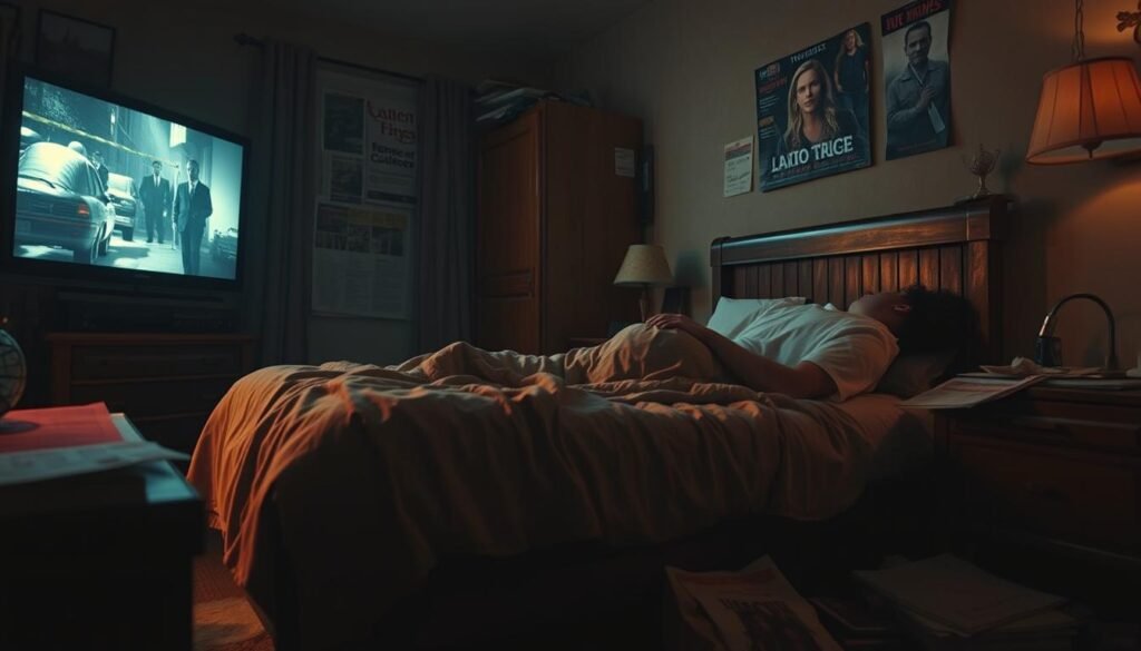 A dimly lit bedroom, the glow of a TV screen casting eerie shadows. On the bed, a person tossing and turning, haunted by visions of a crime scene. The room is cluttered with newspapers, magazines, and crime drama paraphernalia, hinting at the media's influence on the dreamer's subconscious. The lighting is moody, with a warm amber tone, creating a sense of unease. The camera angle is slightly low, emphasizing the weight of the dream's subject matter. The overall atmosphere is one of psychological tension, reflecting the impact of crime-related media on the dreamer's inner world.
