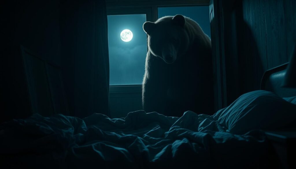 A dimly lit bedroom, the shadows of a towering brown bear looming in the doorway, its eyes glinting with menace. The bed is a rumpled mess, sheets twisted in a fitful sleep. An eerie sense of unease permeates the scene, as if the bear's intrusion has shattered the sanctity of the private space. Moonlight filters in through the window, casting an ominous glow over the proceedings. The air is thick with tension, the viewer's heart pounding in anticipation of the bear's next move. This unsettling tableau captures the essence of a nightmare, a disturbing home invasion by a powerful, unpredictable force of nature.