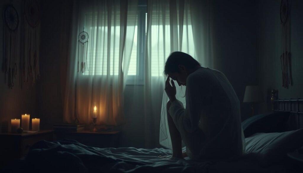 A dimly lit bedroom, the walls adorned with dreamcatchers and the faint glow of candles casting a warm, contemplative atmosphere. In the foreground, a figure sits on the edge of the bed, their head bowed in an expression of grief, tears streaming down their face. Emerging from the shadowy background, a translucent, ethereal figure embraces the mourner, their form flickering and blending with the surrounding darkness, offering a comforting presence. The lighting is soft and diffused, creating a sense of solace and emotional processing, as the dreamer navigates the complexities of loss and the connection to the departed.
