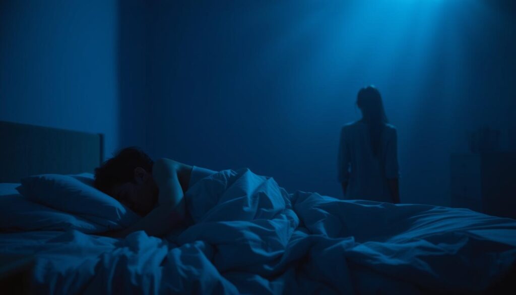 A dimly lit bedroom, the walls cast in a hazy shade of blue. In the foreground, a figure tossing and turning restlessly in bed, their face obscured by shadows, reflecting the inner turmoil of relationship insecurity. The middle ground reveals a second figure, their back turned, drifting further away, symbolizing the growing distance and disconnect. The background is blurred, a sense of uncertainty and unease permeating the scene. Soft, moody lighting casts long shadows, heightening the sense of isolation and emotional tension. The overall atmosphere evokes a dreamlike quality, where fears and anxieties manifest in vivid, surreal imagery.