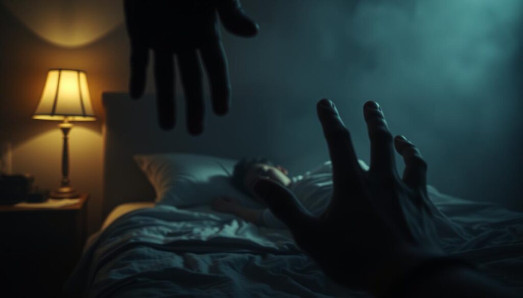 A dimly lit bedroom, where the boundary between dream and reality blurs. In the foreground, a shadowy figure reaches out, their touch ethereal and haunting. In the middle ground, the sleeping figure lies restless, their expression reflecting a mixture of comfort and unease. The background fades into hazy, dreamlike ambiance, evoking a sense of the subconscious. Soft, warm lighting from a bedside lamp casts a subtle glow, creating an intimate, contemplative atmosphere. The scene is captured with a shallow depth of field, focusing the viewer's attention on the eerie visitation. The overall mood is one of mystery, nostalgia, and the lingering question of whether this is a memory or a true encounter with the departed.