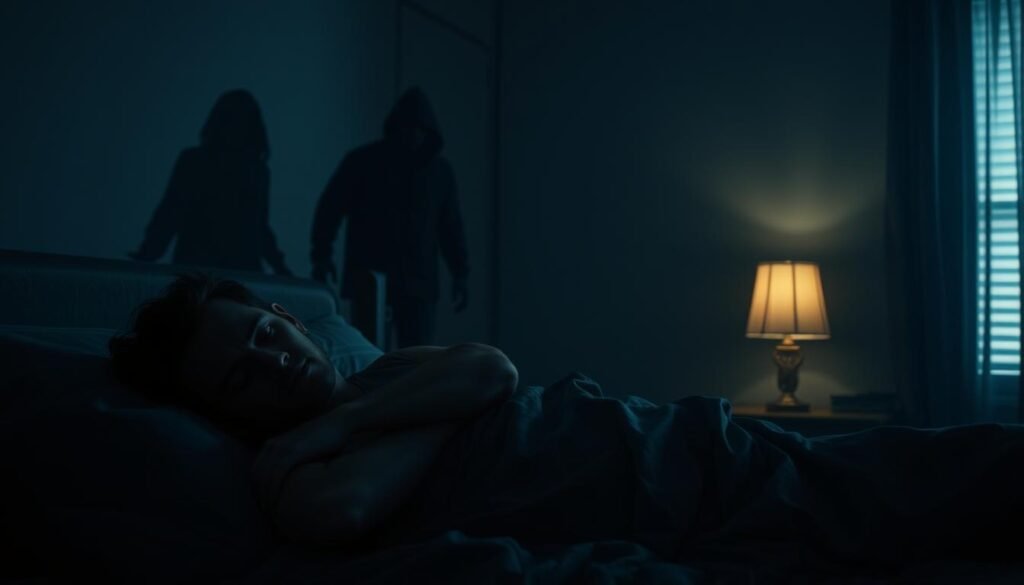 A dimly lit bedroom with a sleeping person tossing and turning, their face etched with worry. Shadowy figures loom in the background, hinting at a perceived threat. The lighting is moody, with a warm glow from a bedside lamp casting dramatic shadows. The overall atmosphere is one of unease and the need for self-defense, setting the stage for the interpretation of a dream involving violence in a self-protection scenario.