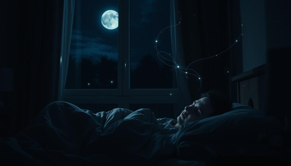 A dimly lit bedroom, with the curtains slightly parted to reveal a glimpse of the night sky outside. In the foreground, a person lies sleeping, their expression troubled. Surrounding them, subtle ethereal tendrils of energy swirl, influenced by the position of the moon and stars visible through the window. The lighting is soft and atmospheric, casting shadows that suggest the presence of unseen forces. The overall mood is one of introspection and the exploration of the subconscious, hinting at the complex interplay between the external environment and the inner workings of the dreaming mind.