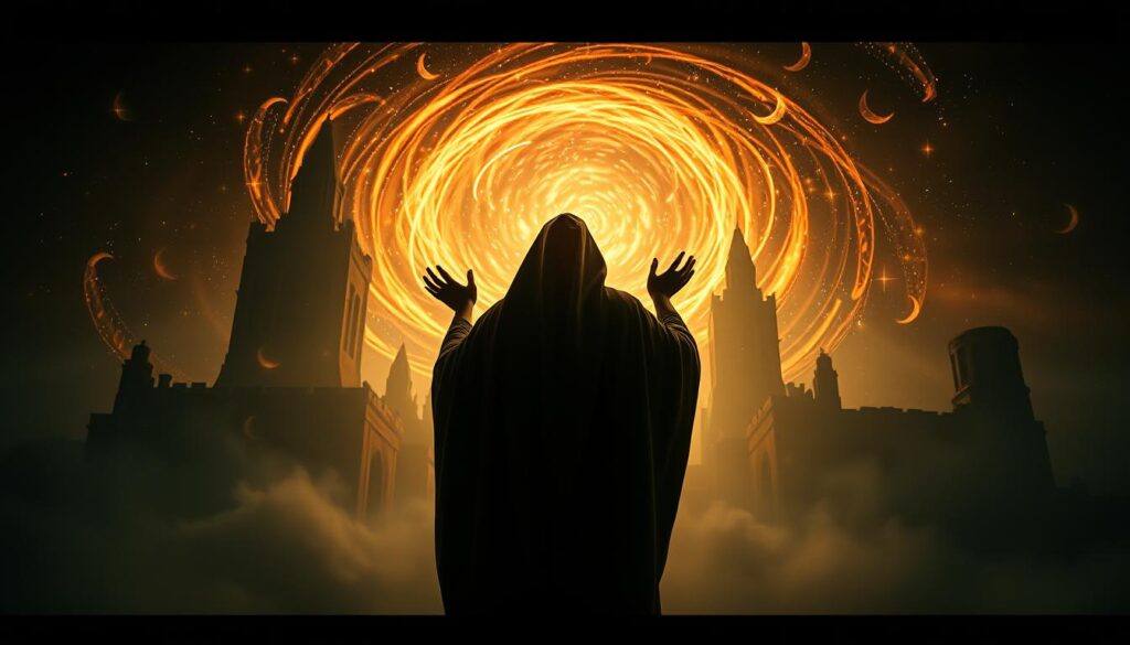 A dimly lit, biblical dreamscape of prophetic visions and divine interpretations. In the foreground, a figure shrouded in flowing robes stands before an open book, their hands raised in contemplation. Behind them, a swirling vortex of celestial imagery - shooting stars, crescent moons, and ancient symbols - illuminates the scene with a warm, otherworldly glow. In the background, towering architectural structures reminiscent of ancient temples or cathedrals loom, casting dramatic shadows and imbuing the image with a sense of mysticism and historical weight. The overall atmosphere is one of reverence, mystery, and the unfolding of profound spiritual truths.