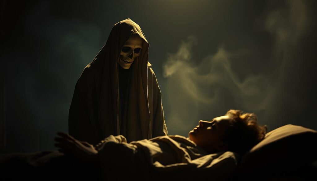 A dimly lit biblical scene, a ghostly vision of a departed soul standing before a sleeping figure. Soft, warm lighting bathes the dreamscape, casting gentle shadows. The dead person's face is serene, yet their presence exudes a sense of mystery and the supernatural. In the background, a hazy, ethereal backdrop suggests a realm beyond the physical world. Wispy, ethereal mists swirl, hinting at the blurred boundaries between life and the afterlife. The overall atmosphere is one of profound wonder, a sacred moment of spiritual connection between the living and the dead.