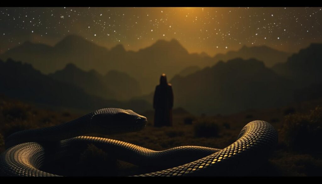A dimly lit biblical scene, a serpent coiled in the foreground, its scales glimmering with an otherworldly glow. In the middle ground, a figure shrouded in robes stands contemplating the snake, their face obscured in shadow. The background depicts a lush, dreamlike landscape, with towering mountains and a starry night sky. Soft, warm lighting casts a mystical atmosphere, hinting at the spiritual significance of the snake's presence. The scene evokes a sense of wonder and unease, reflecting the complex symbolism of the serpent in Judeo-Christian tradition.
