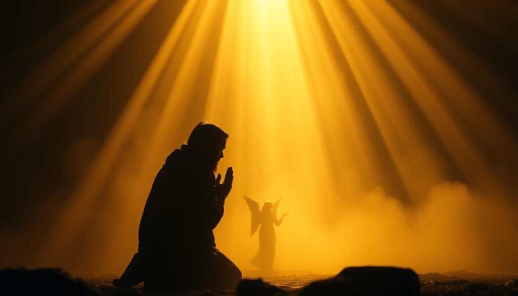 A dimly lit biblical scene, bathed in warm, celestial light. In the foreground, a figure kneels in prayer, their expression one of deep contemplation and reverence. Ethereal beams of divine light stream from above, illuminating the scene with a sense of profound mystery and spiritual connection. In the middle ground, faint silhouettes of angelic forms are discernible, their presence hinting at the divine communication unfolding. The background is shrouded in a soft, hazy atmosphere, suggesting a realm beyond the physical. The overall composition evokes a sense of awe, wonder, and the boundless possibilities of biblical dreams and divine revelation.