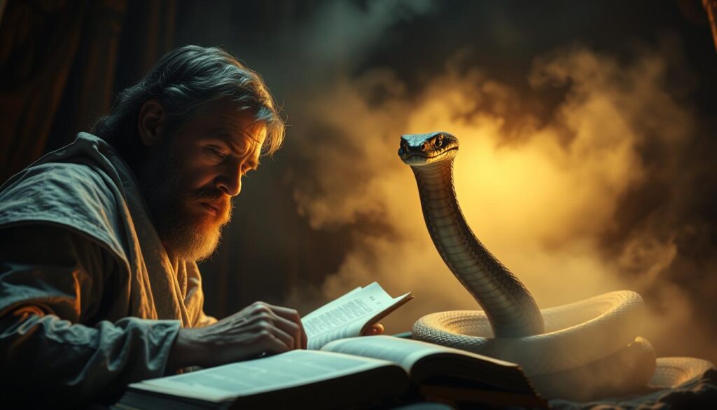 A dimly lit biblical scene, illuminated by a soft celestial glow. In the foreground, a mystic interpreter pores over ancient texts, their expression contemplative as they decipher the meaning of a coiled python snake, its scales shimmering with an otherworldly energy. In the middle ground, the snake itself rears up, its penetrating gaze meeting the viewer's, hinting at hidden wisdom and prophetic insights. The background is shrouded in a hazy, ethereal atmosphere, suggesting the realm of the divine and the subconscious. The overall mood is one of reverence, introspection, and the unveiling of esoteric spiritual truths.