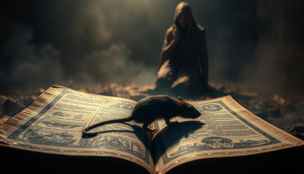 A dimly lit biblical scene, illuminated by a warm, golden glow. In the foreground, a weathered old tome lies open, its pages revealing intricate illustrations of biblical symbols and motifs. Emerging from the pages, a spectral vision of a dead rat, its decaying form casting an ominous shadow across the scene. In the middle ground, a figure kneels in contemplation, draped in flowing robes, their face obscured in shadow, pondering the meaning of this divine vision. The background is shrouded in a hazy, ethereal mist, hinting at the spiritual realm beyond. The overall atmosphere is one of reverence, mystery, and a sense of purification or warning from a higher power.