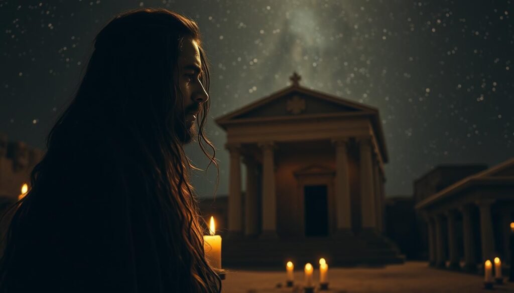 A dimly lit biblical scene, showcasing the ancient Nazirite vow and its connection to hair. In the foreground, a man with long, flowing locks stands in contemplation, his face illuminated by the soft glow of candles. The middle ground reveals a temple-like structure, its intricate architectural details rendered in sepia tones. In the background, a starry night sky creates a serene, dreamlike atmosphere, evoking the timeless spirituality of this sacred tradition. The image captures the reverence and mystery surrounding the Nazirite's unique hairstyle, a symbol of their devotion and commitment to God.