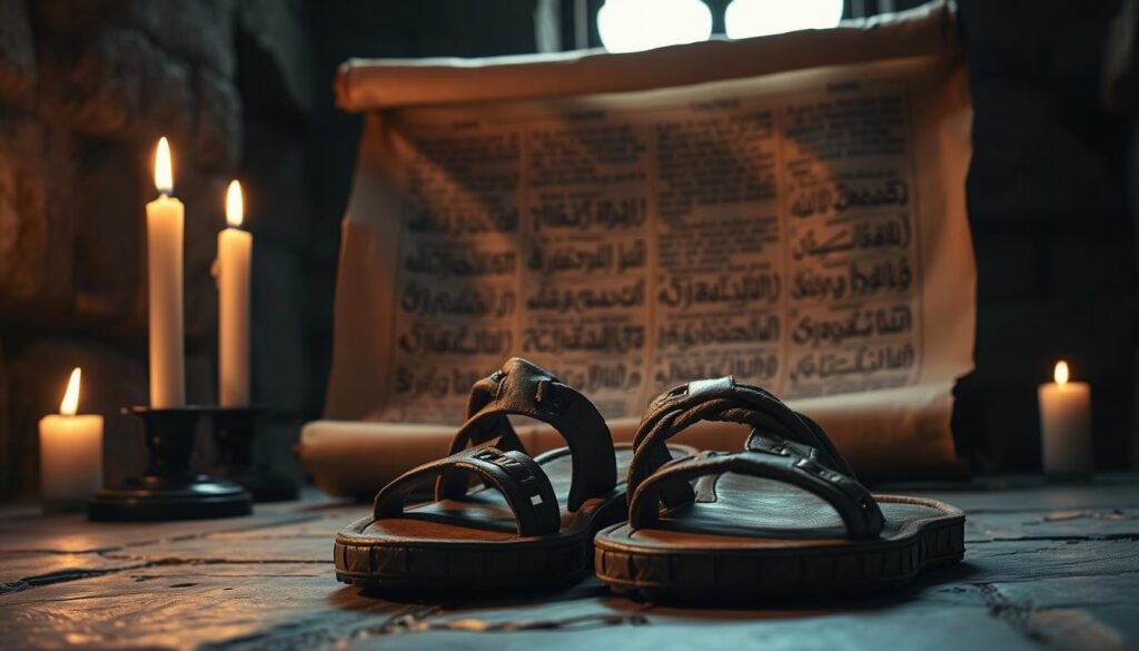 A dimly lit biblical scene, the foreground dominated by a pair of worn leather sandals, their straps woven and weathered, symbolic of a spiritual journey. In the middle ground, a parchment scroll unfurls, revealing intricate calligraphic renderings of biblical passages, hinting at the deeper meaning behind these humble shoes. The background casts a sense of reverence, with muted tones of ancient stone and the soft glow of candlelight, evoking a timeless, contemplative atmosphere. The overall composition conveys a sense of profound symbolism, inviting the viewer to ponder the significance of these simple yet potent icons of faith.