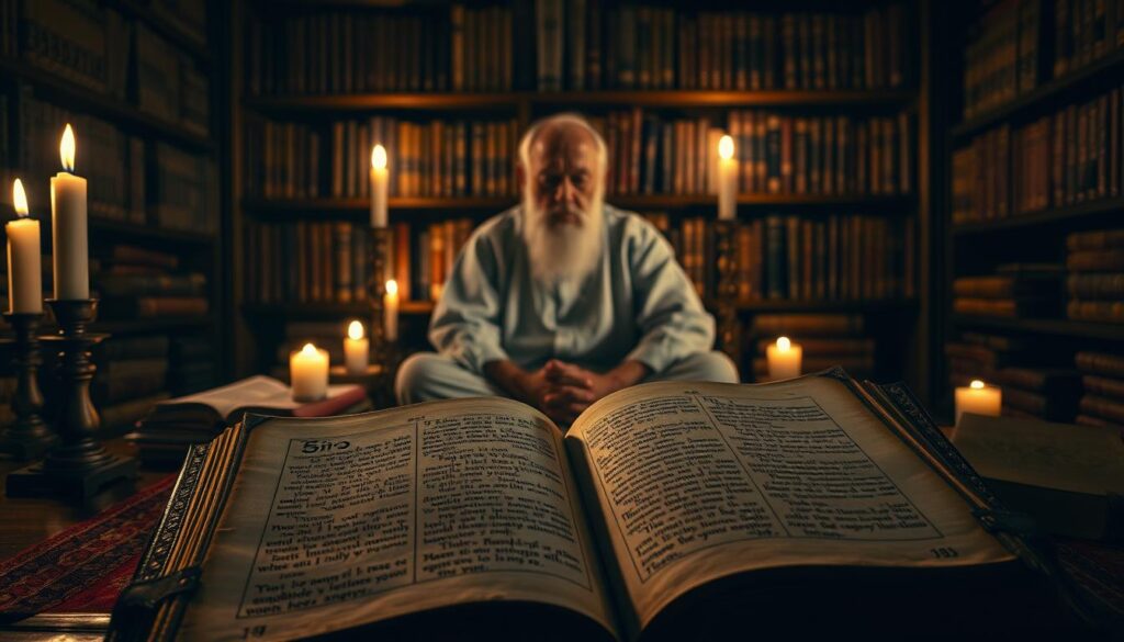 A dimly lit biblical study, illuminated by the soft glow of candles. In the foreground, a weathered leather-bound book lies open, its pages revealing ancient Hebrew text and intricate dream symbols. In the middle ground, a wise, elderly scholar sits cross-legged, deep in contemplation, his brow furrowed as he interprets the mystical visions before him. Behind him, shelves of religious texts line the walls, casting long shadows that add to the air of reverence and spiritual enlightenment. The overall atmosphere is one of reverence, wisdom, and the exploration of the divine through the interpretation of dreams.