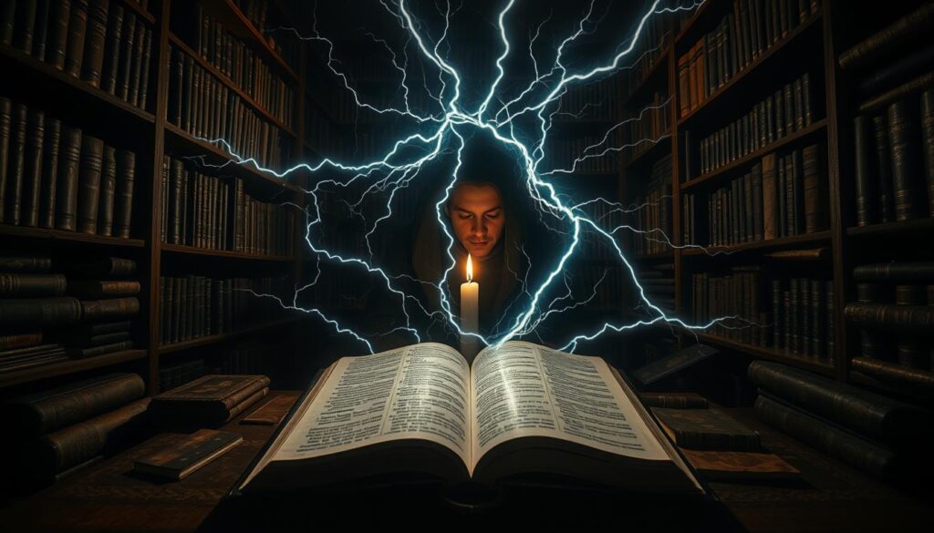A dimly lit biblical study, shelves of ancient tomes lining the walls, casting long shadows. In the center, a figure pores over an illuminated manuscript, their face obscured by the glow of a single candle. Around them, abstract storm patterns swirl and converge, lightning flashing through the pages - a vivid depiction of the spiritual significance of dreams and their biblical interpretation. A wide-angle lens captures the scene, the contrast of light and dark evoking a sense of mysticism and the unknown.
