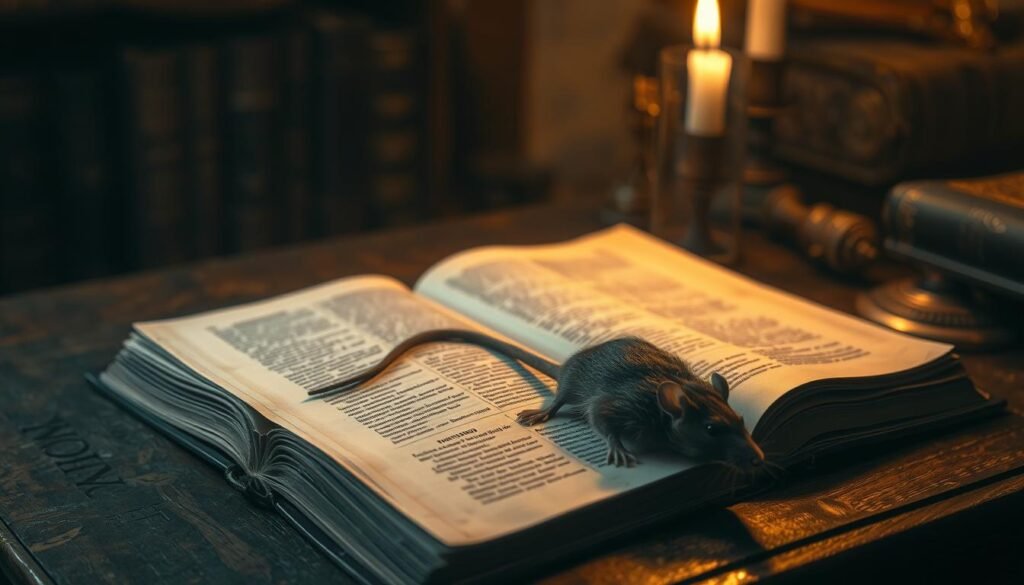 A dimly lit biblical study, with a weathered tome open on an antique wooden desk. In the foreground, a dead rat lies on the pages, its lifeless form casting a somber, ominous shadow. The background is shrouded in a hazy, sepia-toned atmosphere, evoking a sense of ancient wisdom and spiritual contemplation. Soft, flickering candlelight illuminates the scene, casting a warm, introspective glow. The overall mood is one of reverence and contemplation, inviting the viewer to ponder the deeper symbolic meaning of the deceased rodent in the context of biblical interpretation.